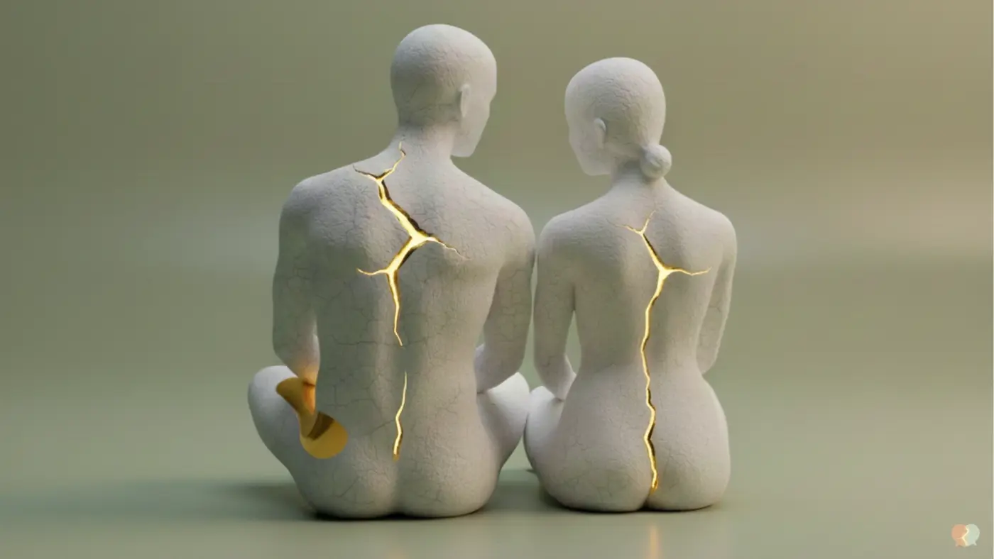 Two ceramic figures sitting together, their cracks mended with seams of gold