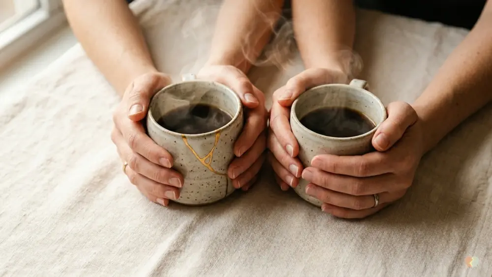 Two hands holding ceramic cups mended with gold